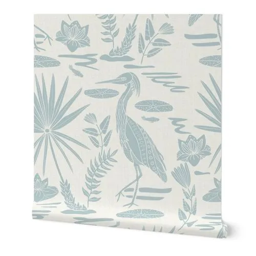 Lowcountry Egret, Large, Historical Blue on Light Wallpaper