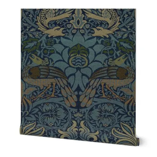 PEACOCK AND DRAGON IN VINTAGE ORIGINAL BLUE - Large Wallpaper