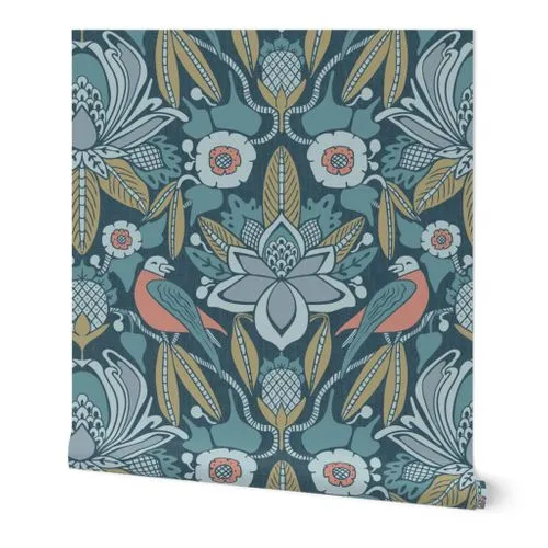 Tanager, Blue with Coral and Olive, Jumbo Wallpaper